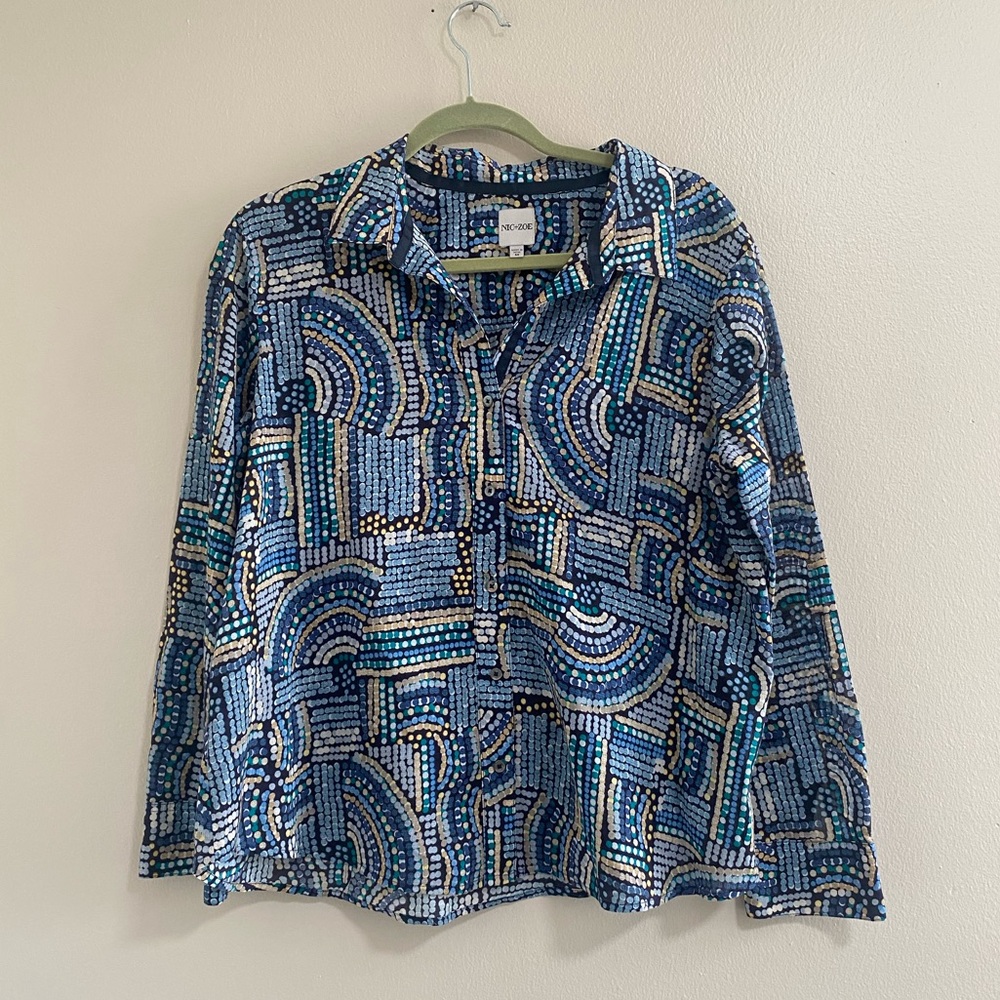 NIC + ZOE Blue Mosaic Crinkle Cotton Button-Front Shirt Size Medium